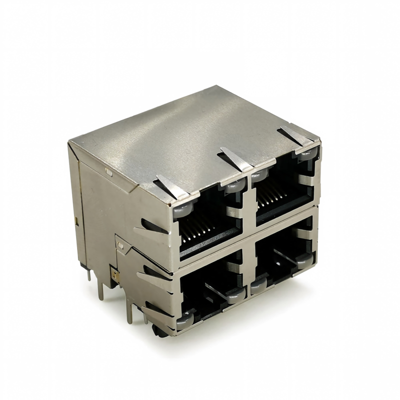 Double Layer 2-16 Ports RJ45 Modular Connector with LED Light Female Socket Metal Housing Brass Contact for PCB