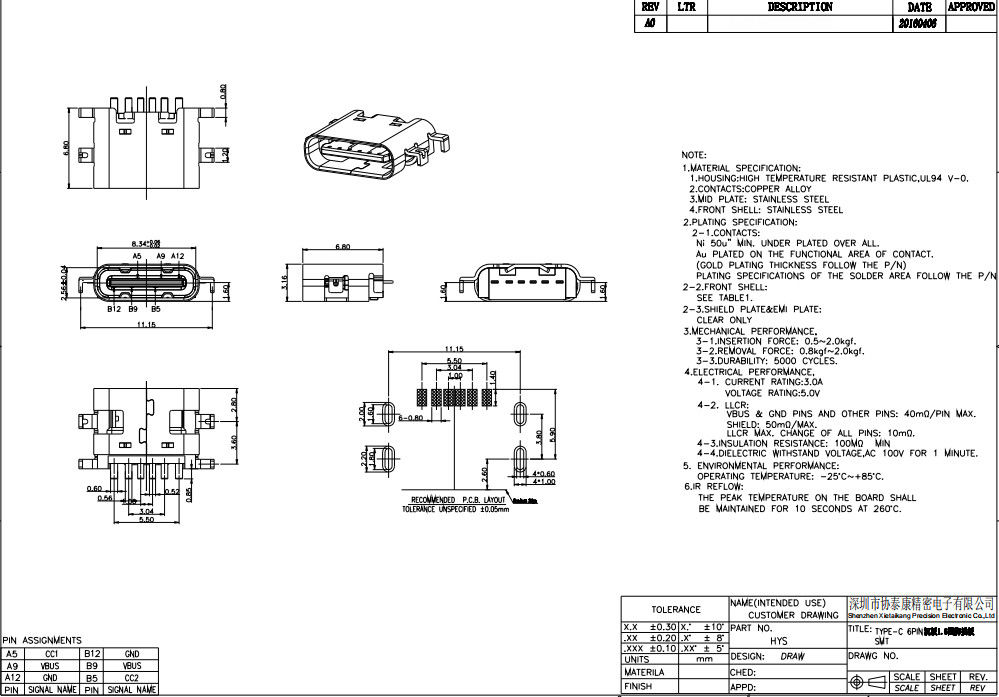 Тип женщина USB 6 Штырь плиты PCB гнезда соединителей c тонуть 0.8MM 3.1mm